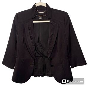 White House Black Market Black Boxy Cut Ruffle Cropped Jersey Blazer 3/4 Sleeve